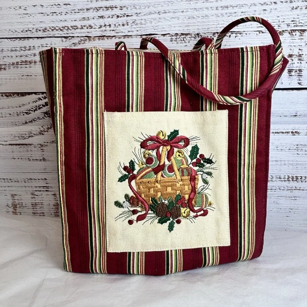 Longaberger 2005 Holiday Christmas‎ Stripe Tote Bag Embroidered Pocket Hostess